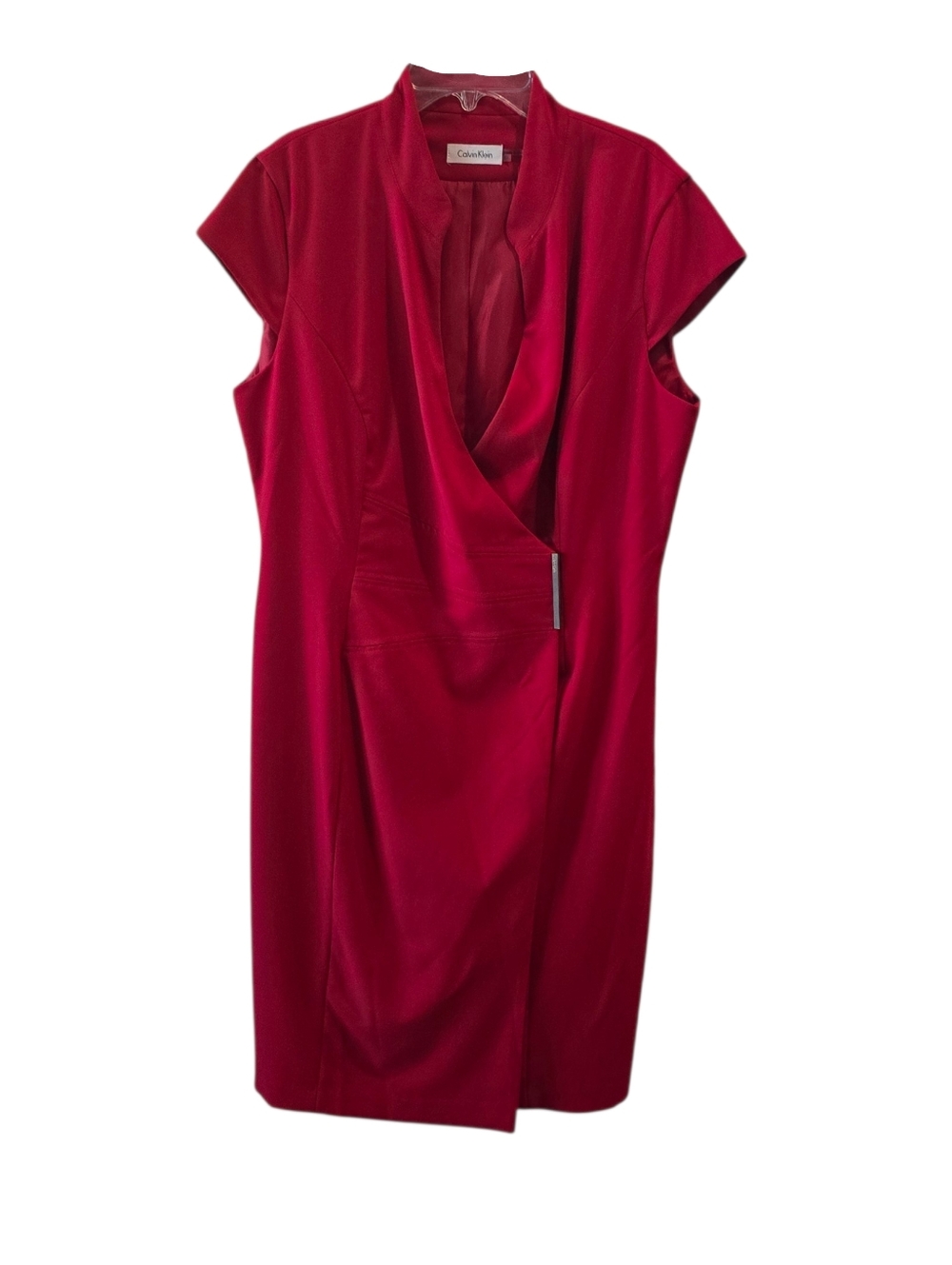 CALVIN KLEIN V Neck Crossover Red Midi Dress Classy Business